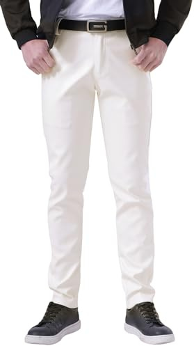 FEOYA Pantalones de Cuero Ajustados para Hombre, elásticos, de Poliuretano, con Aspecto húmedo, con Pierna Recta, para Motociclista, Bar, Discoteca, espectáculo, Cosplay, Cintura Media, Blanco, 34W