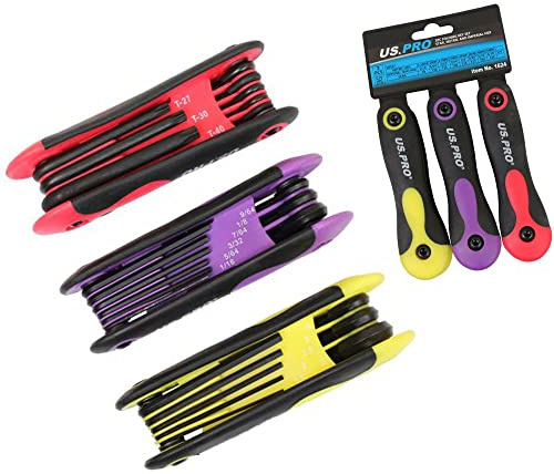 US Pro 3pc Juego de llaves plegables Star Torx, métrico e imperial hexagonal SAE Allen