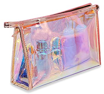 Trousse de Maquillage Holographique, Trousse de Toilette Transparente avec Fermeture Éclair et Poignée Portable, Petite Trousse de Maquillage pour Femmes et Filles, Étanche pour Plage (B)