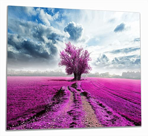 Wallario Herdabdeckplatte/Spritzschutz aus Glas, 2-teilig, 60x52cm mit 8mm hohen Füßen, für Ceran- und Induktionsherde, Surreales Blumenfeld lila Blumen auf dem Feld