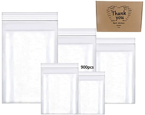 newlng 900 Pièces Sacs Grip Seal Assortiment de Sachets Plastique à Fermeture Zip Set De 5 Tailles Différentes Sachets Plastique Transparents Refermables Lot De Sac Fermeture Pression