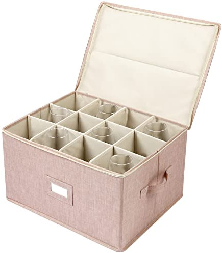 Stemware Storage Cases, Wine Glass Storage Box Containers for Glassware or Crystal, Holds 12 Red or White Wine Glasses, Hard Top and Sides(Beige)