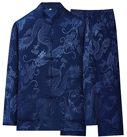 YEMYIQZ Kung Fu Uniform for Men Shirt Suit Chinese Traditional Tang Hanfu Martial Arts Wing Chun Tai Chi Training Cloth Jacket Pants (as1, alpha, m, regular, regular, Blue)