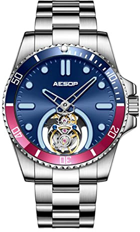 Aesop Orologio da uomo Tourbillon Lunetta girevole unidirezionale Orologio da polso meccanico a carica manuale Orologio da uomo con zaffiro luminoso di lusso 7060(Quadrante blu - Rosa)