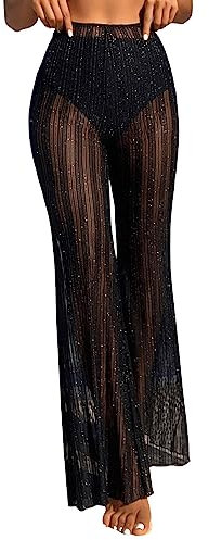 GORGLITTER Durchsichtig Hose Damen Transparent Schlaghose mit Glitzer Festival Outfit Hose Netz Rave Hose Casualhose Schwarz L