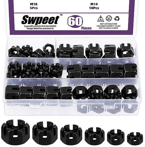 Swpeet Lot de 60 écrous hexagonaux fendus 6 tailles en acier carbone de qualité 4,8 M10 M12 M14 M16 M18 pour réparation de meubles de moto et de voiture