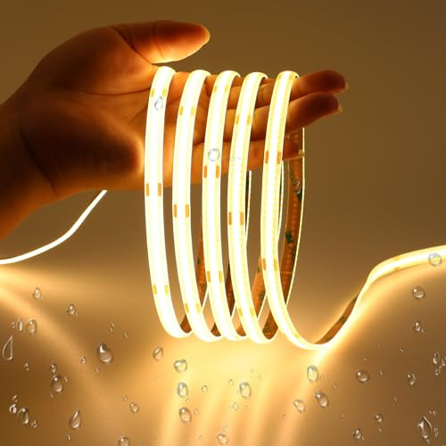 JOYLIT 12V COB LED Streifen 6M 3000K IP65 Wasserdicht CRI 90 Ohne Punkte | Dimmbar, 320 LEDs/M Warmweiß, 2-PIN 8MM, 5cm Teilbar, Selbstklebendes Band für Küchen, Badezimmer, Kleiderschränk(Nur Licht)
