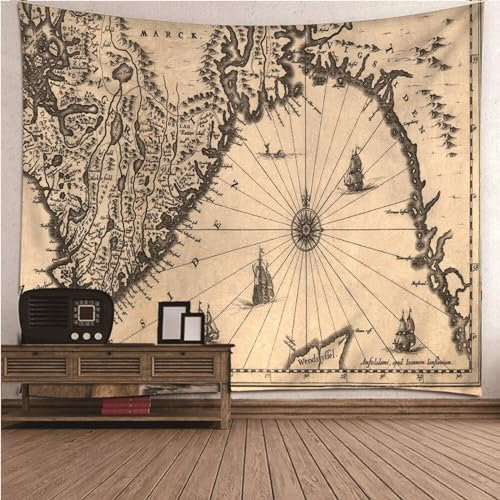 Aotiwe Wandteppiche Retro, Wandteppich Aesthetic Vintage Kompass und Karte Khaki Tuch Wand aus Polyester Wanddeko Outdoor 260x240cm