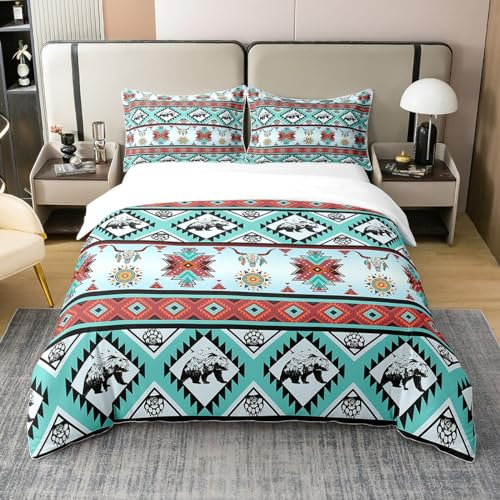 Schwarz Bär Exotic Bull Skull Western 100% Baumwolle Bettbezug 155x220,Ethnische Tribe Pfeil Aztekische Tröster Abdeckung Tribal Bettwäsche Set,Waldtiere Boho Bett Sets mit 1 Kissenbezug Soft,Teal