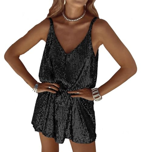 LIAOPUFUS Abito Corto Sexy da Donna con Scollo a V, Bretelle Sexy, Abito in Paillettes, Aderente (Nero, XL)