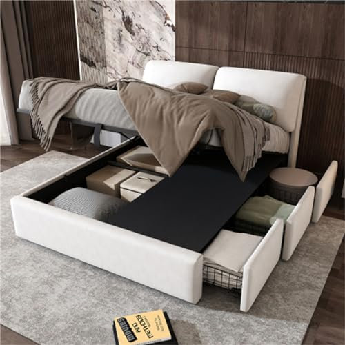 Gepolstertes Stauraumbett Mit Hydraulischem Lift, Verstellbarem Kopfteil, Inklusive DREI Schubladen Und Lattenrost (matratze Nicht Im Lieferumfang Enthalten)(Size:140x200cm,Color:Weiß)