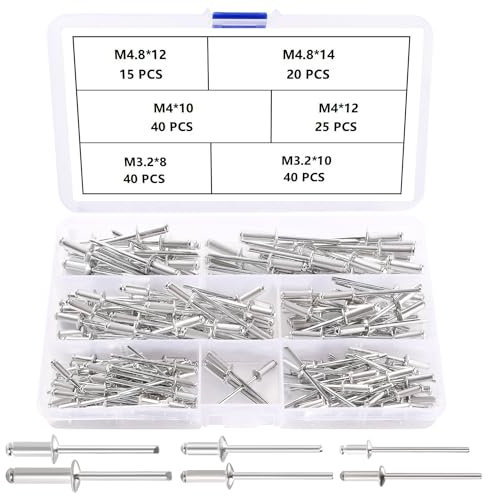 YIXISI 180 Pezzi 6 Dimensioni M3.2 / M4 / M4.8 Rivetti Ciechi in Alluminio Kit, Grande Flangia Alluminio Rivetti Ciechi, Rivetti Ciechi con Testa a Cupola, per Metallo Legno Plastica
