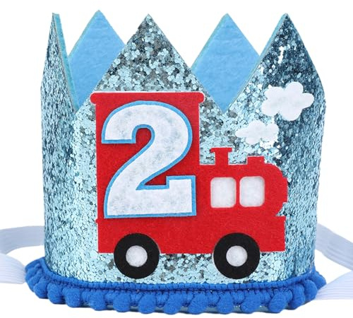 CORNER LACE Sombrero de tren de segundo cumpleaños – Corona azul con purpurina para el segundo cumpleaños, dos años de edad, Chugga, Chugga, dos temáticas, suministros de decoración de fiesta