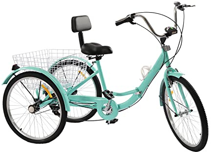 WooDerson Dreirad Für Erwachsene 24 Zoll Klappbar, 3 Räder 7 Gang Dreirädriges Fahrrad Mit Becherhalter, Korb Und LED, Höhe Einstellbare, Tragfähigkeit 140kg, Senioren Freundlich (Türkis)