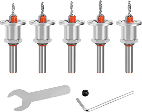 5PCS Countersink Drill Bit Set, 90° Countersink Drill Bit with Adjustable Low Friction Depth Stop, Wood Working Drill Bits Taper Drill Bit