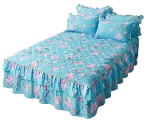 3 Piece Ruffle Skirt Quilted Bedspread Set King 17.7 Inch Drop Soft Warm Ruffle 3 Side Coverage Vintage Flowers Bedskirt Fitted Sheet With 2 Pillow Shams(Blue2,King-150x200cm)