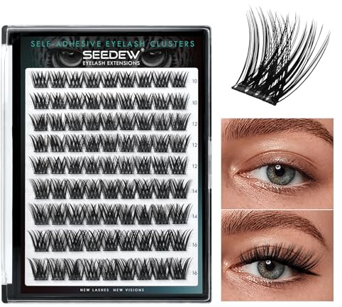 SEEDEW Selbstklebende Wimpern Zuhause, DIY 81 Stück Einzelne Wimpern Extensions, Kein Kleber Erforderlich, Weiche Natürlich Falsche Wimpernverlängerungen für Alltag, Partys(Volumen-C-MIX10-16-Schwarz)