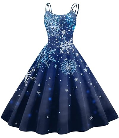 Ladies Christmas Party Dresses Sale, Womens Vintage Sleeveless Print Christmas Party Swing Dress Ladies Sexy Xmas Novelty Dresses Size 8 10 12 14 16,U443S Royal Blue