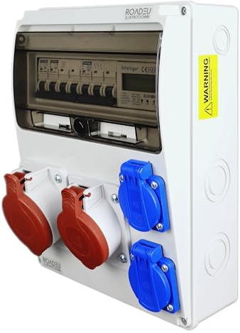 RoadEu – Coffret CEE IP44 : 32A + 16A 5P, 2 prises 2P+T 230V, compteur triphasé MID 100A et disjoncteurs