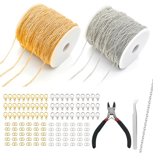 NEUSID 2 Roll Gold Silver Chain for Jewellery Making, 33 Feet 2.4mm DIY Craft Bracelet Necklace Making Chains with 60 Lobster Clasps and 120 Jump Rings, Small Pliers Tweezers