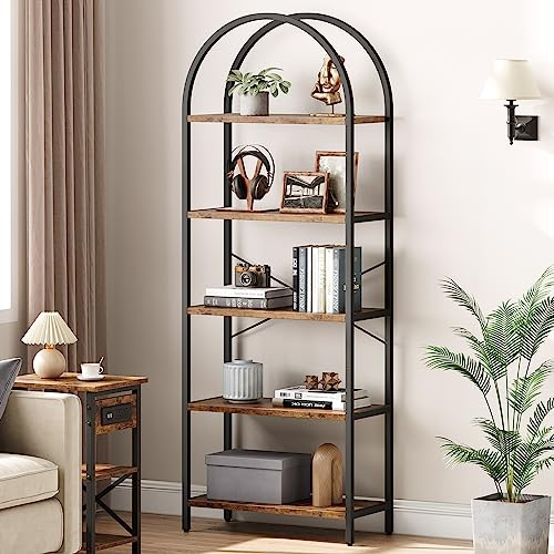 OPULENTHOME Bücherregal Holz, Regal, Standregal aus Metall, Aufbewahrungsregal, Bücherregal 5 Ebenen, bogenförmig Bücher Regal, Bookshelf für Wohnzimmer Büro Schlafzimmer 180x60x28CM