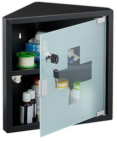 Relaxdays Medizinschrank, 2 Fächer, HBT: 30 x 30 x 17,5 cm, abschließbar, Stahl, Glastür, Eck Apothekenschrank, schwarz