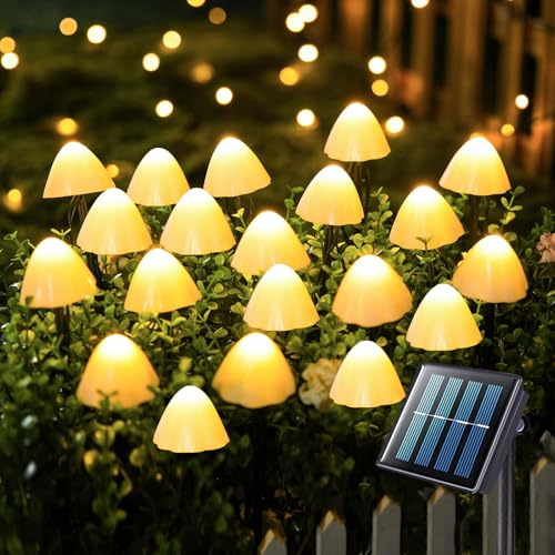 LED Mushroom Solar Lights - 5M 20 Led Solar Mushroom Garden Lights, Outdoor Waterproof Ornaments Light String for Pathway Fence Lawn Backyard Garden Decorations (Warm White) [Energy Class A+++]