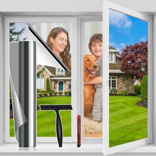 Niviy Window Film Privacy for Glass Windows 44.5x200cm, Heat Reflective Mirror Window Film & UV Blocking Stickers, One Way Anti Glare Films for Home Office, Silver