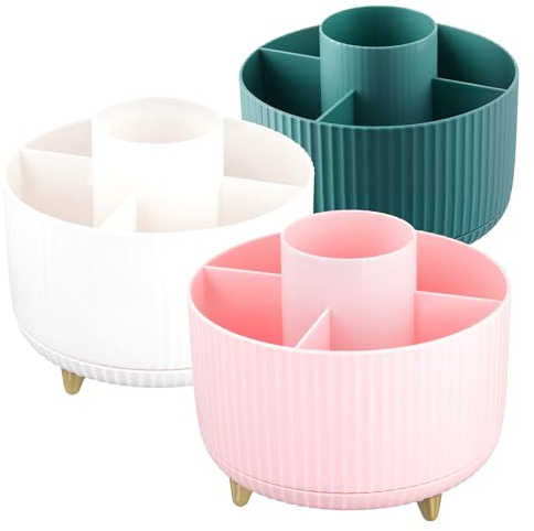 CHUENKUK 3 Stück Drehbarer Make Up Organizer, Kunststoff Kosmetikorganizer drehbar 360 Grad, 5 Fächern Schminktisch Aufbewahrung für Make-Up, Werkzeug, Badezimmer, Büro, Weiß, Rosa, Blau