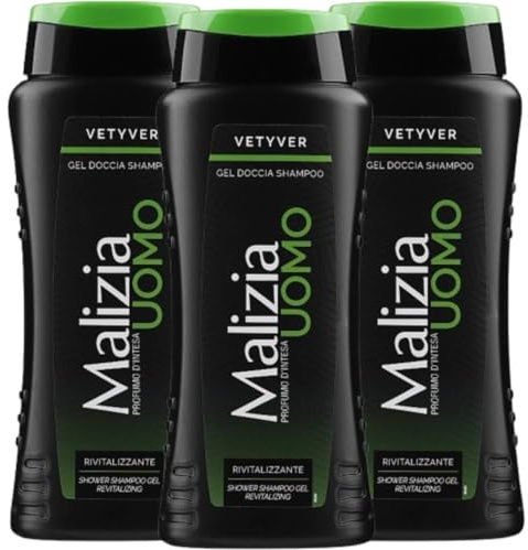 Malizia Män ansiktslukt Vetyver Gel 2-i-1 duschschampo med Aloe Vera 250 ml – vitaliserande, energigivande, kroppsrengöring och hår – för dagligt bruk (3 enheter)