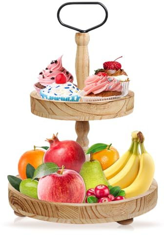 Obst Etagere 2 stöckig, Tortenständer 2 Etagen aus Holz Vintage Stil, Cupcake Ständer, Hochzeitstortenständer, Rustikaler Kuchenständer Rundes Tablett mit Griff für Home Wohnzimmer Küche Tisch