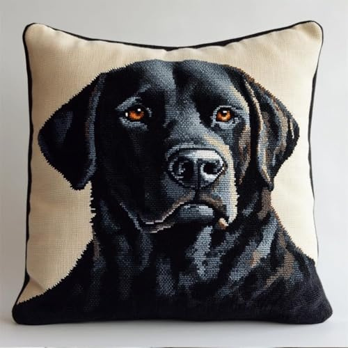Latch Hook Cushion Kits for Adults Dog Black Labrador Cute Puppy Rug Cover Pillowcase Kids Beginner DIY Needlework Embroidery Kits Handmade Set Craft Sofa Home Decor 43x43cm,1pcs
