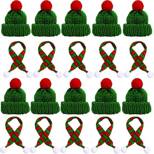 20 Stück Mini Hüte Strickmützen Weihnachtsmannmützen und Mini Schal Set für Christbaumschmuck und Weinflaschenschmuck und Kleine Spielzeugdekoration