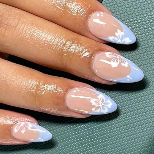 24PCS Almond Press On Nails Blue French Tip White Floral Glossy Medium Length - Reusable Artificial Nails With Jelly Adhesive Tabs For Secure Fit And Everyday Casual Wear, Suitable For Women