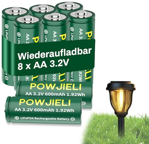 POWJIELI AA 3.2V 600mAh LiFePo4 Akku, Wiederaufladbarer AA-Akku mit geringer Selbstentladung für Außenleuchten, Solar-Gartenleuchten,Solarpfostenleuchten