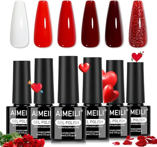AIMEILI Semi-permanenta nagellack gel nagellack halvpermanent nagelkit glitter UV LED nagellack 6 färger röd vit nagelkonst gör-det-själv hem salong manikyr 5 ml set 114