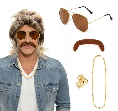 Meleager Perruque Mulet Homme, Perruque Années 80, Deguisement Annee 80 Homme, Lot de 5 Accessoires de Carnaval