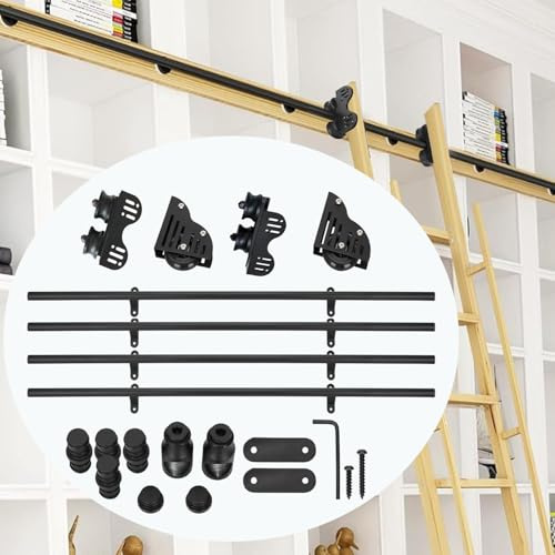 Sliding Library Ladder Hardware, Carbon Steel Material, Sliding Ladder Rail Track Kit with Floor Roller Wheels and Brake, Easy to Install, Ladder Rail Hardware (13ft/4m Track Kit)