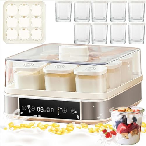 Yogurtiera Automatica Con 9 Vasetti Di Vetro (170ml Ciascuno), Controllo Regolabile Di Tempo E Temperatura, Fermentatore In Acciaio Inox Da 40w Per Yogurt Greco, Pane E Vino Di Riso