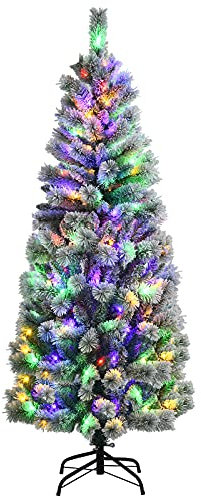 COSTWAY 5ft/6ft Pre-lit Snow Flocked Christmas Tree, Hinged Artificial Slim Pencil Xmas Tree with Lights, Foldable Metal Stand, Holiday Decoration for Home Office Shop (185 cm)