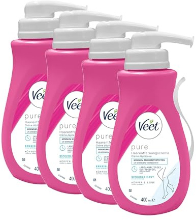 Veet Pure Haarentfernungscreme für Körper, Arme & Beine - Enthaarungscreme für sensible Haut - Minimum an Inhaltsstoffen - (4er Pack) 4 x 400 ml Spender inkl. Spatel