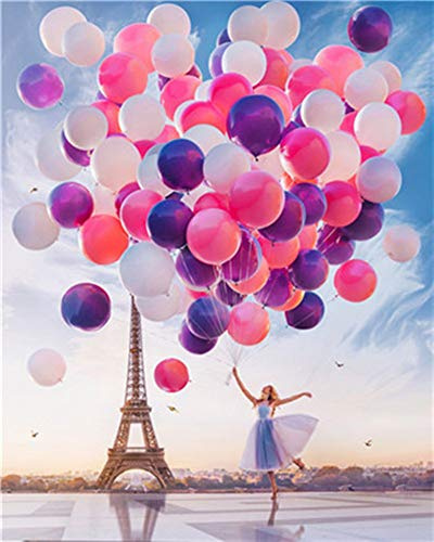 WOWDECOR DIY Malen nach Zahlen für Erwachsene Kinder Mädchen, Paris Eiffelturm Mädchen Ballon 40x50cm Vorgedruckt Leinwand-Ölgemälde (ohne Rahmen)