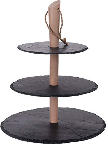 Holz-Etagere Servierplatte Tapas-Set | Holz mit Schieferplatten | 3-stöckig