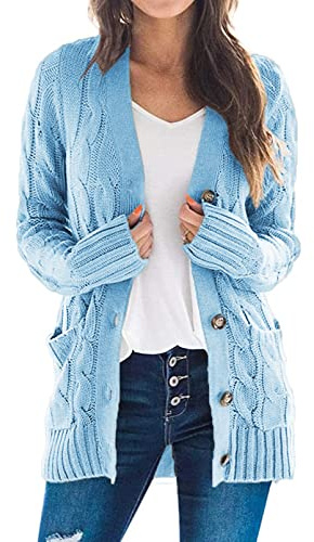 Uusollecy Cardigan Mujer Chaqueta Punto Mujer Grueso Monocolor para Otoño e Invierno Abrigo Informal con Botones Chaqueta de Punto Mujer,Azul,M
