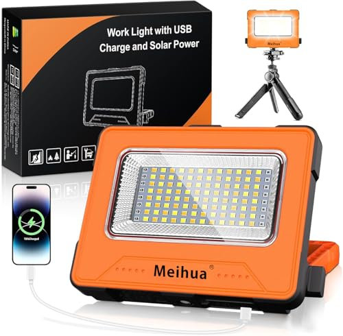 MEIHUA Luz de Trabajo Portátil 12000mAh 4 Modos 5 Brillo Carga USB Solar Foco LED Recargable con imán Instalación de Trípode Lampara Recargable Portátil para Camping, Obra, Pesca, Garaje-Naranja
