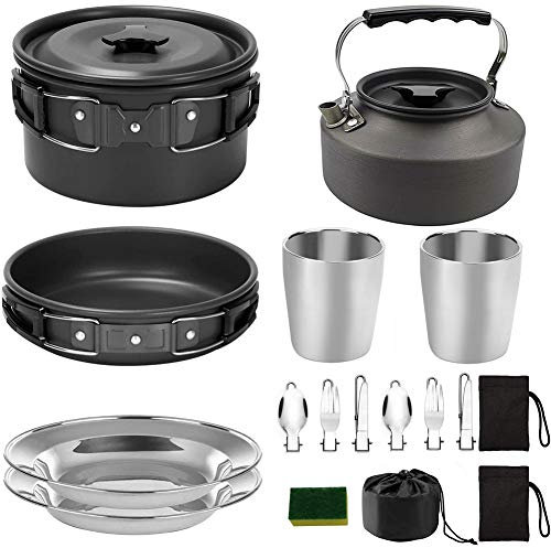 1Set Camping Kochen Sets Kochgeschirr Pot Pan Tassen Teller Gabeln Löffel Herd für Outdoor Picknick-Wandern