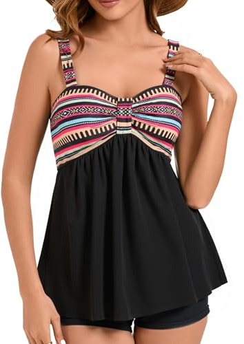 Laorchid Damen zweiteilig badeanzug push up Bademoden bauchweg Tankini Set Raffungen high waist Tankini beachwear hotpants Böhmen Streifen XXXL(EU 46)