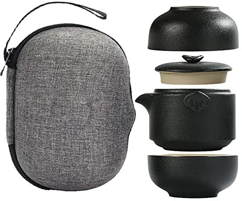 TAMUME Juego de Té de Viaje para 2 Personas, Tetera de Porcelana y Tazas de Té con Bolsa de Viaje Portátil (Negro)