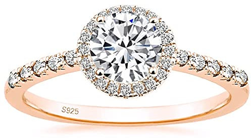 Zakk Ring Damen Verlobungsring Silber 925 Runden Zirkonia 1,25 Karat Solitaire Halo Partnerringe Eheringe Trauringe Freundschaftsringe Versprechen Ringe (Rosegold,55 (17.5))