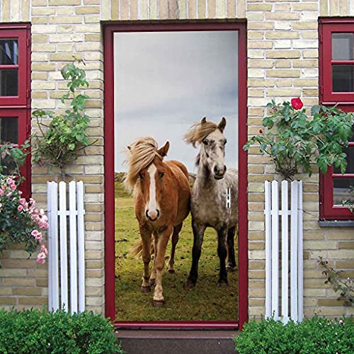 CBWRAW 3D Türaufkleber Türfolie Poster Grüne Wiese Tier Pferd 90x200cm Türposter 3D Türsticker Selbstklebend Tapete Wasserdichtes Abnehmbare Wohnzimmer Wandtattoos Vinyl Türtapete Selbstklebend